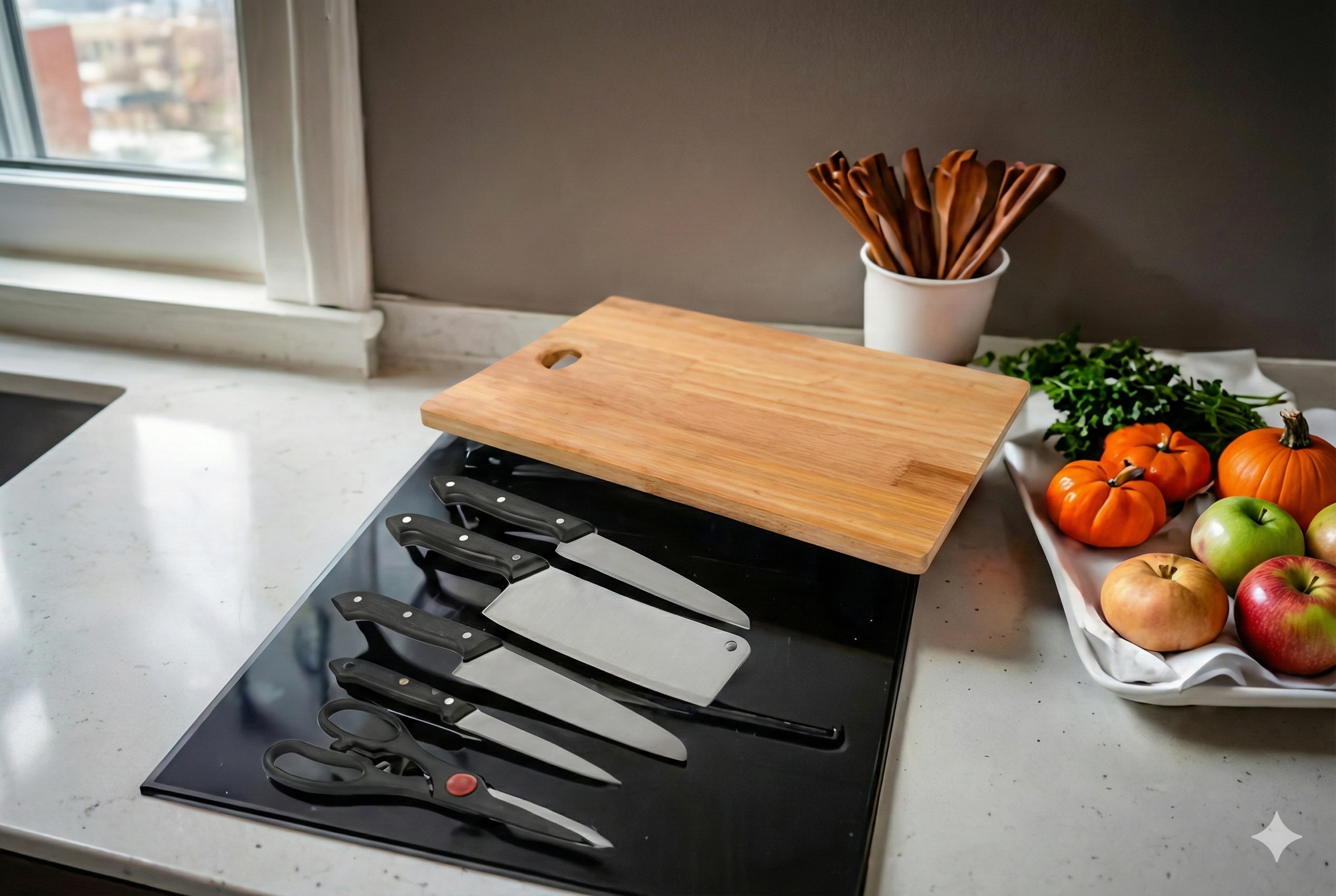Wooden Chopping Board With 5-Pcs Knife Set